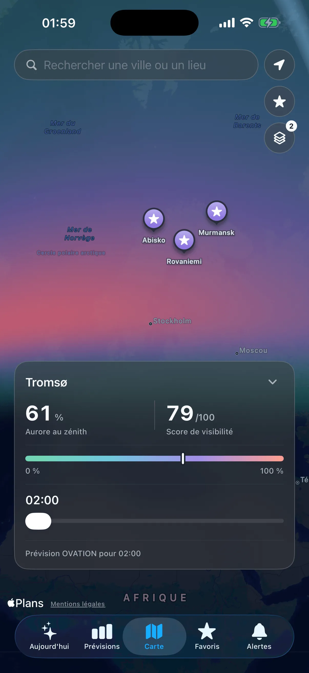 Écran Carte de Norya : le nord de l’Europe avec Abisko, Rovaniemi et Murmansk épinglés, et une fiche Tromsø indiquant 61 % d’aurore au zénith pour un score de visibilité de 79 sur 100.