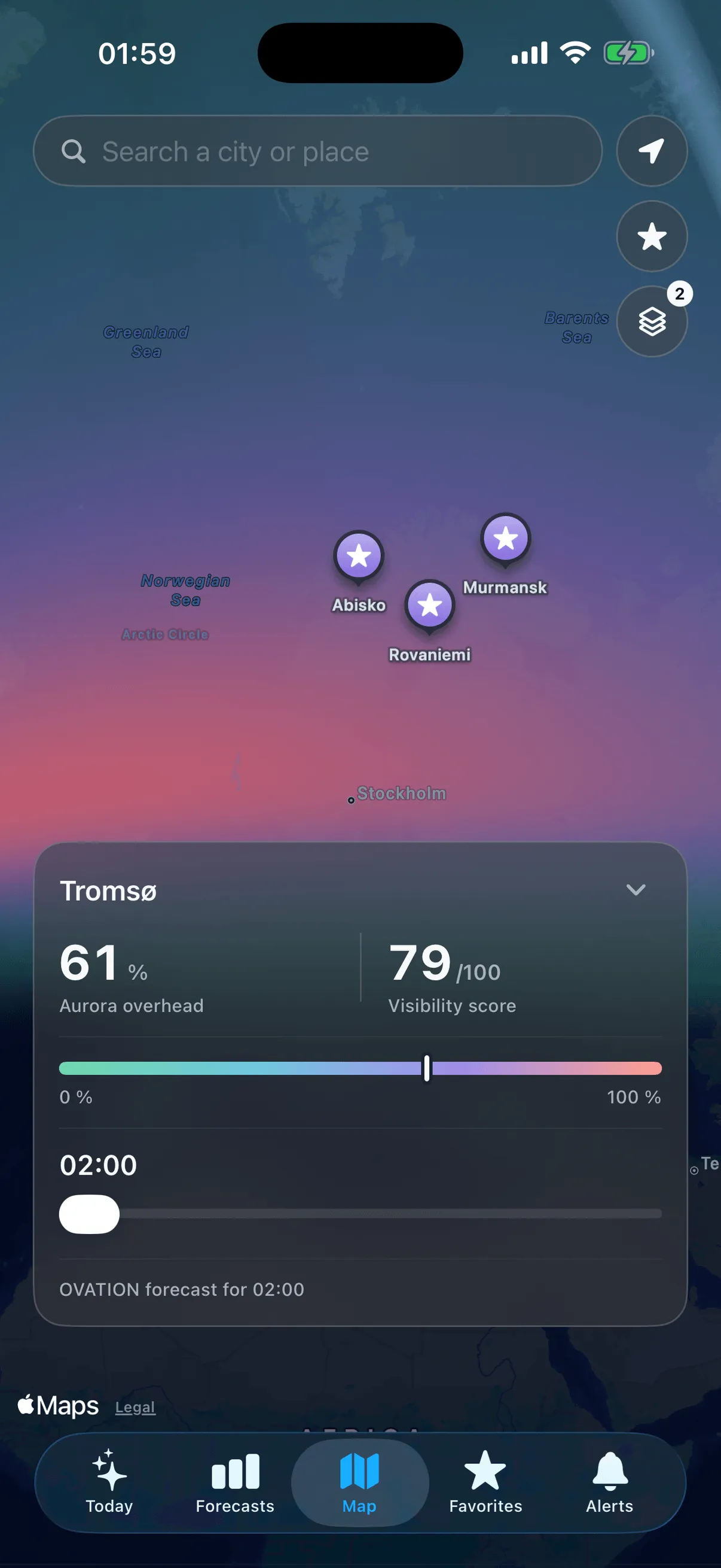 Norya Map screen: northern Europe with Abisko, Rovaniemi and Murmansk pinned, and a Tromsø card showing 61 % aurora at zenith for a visibility score of 79 out of 100.
