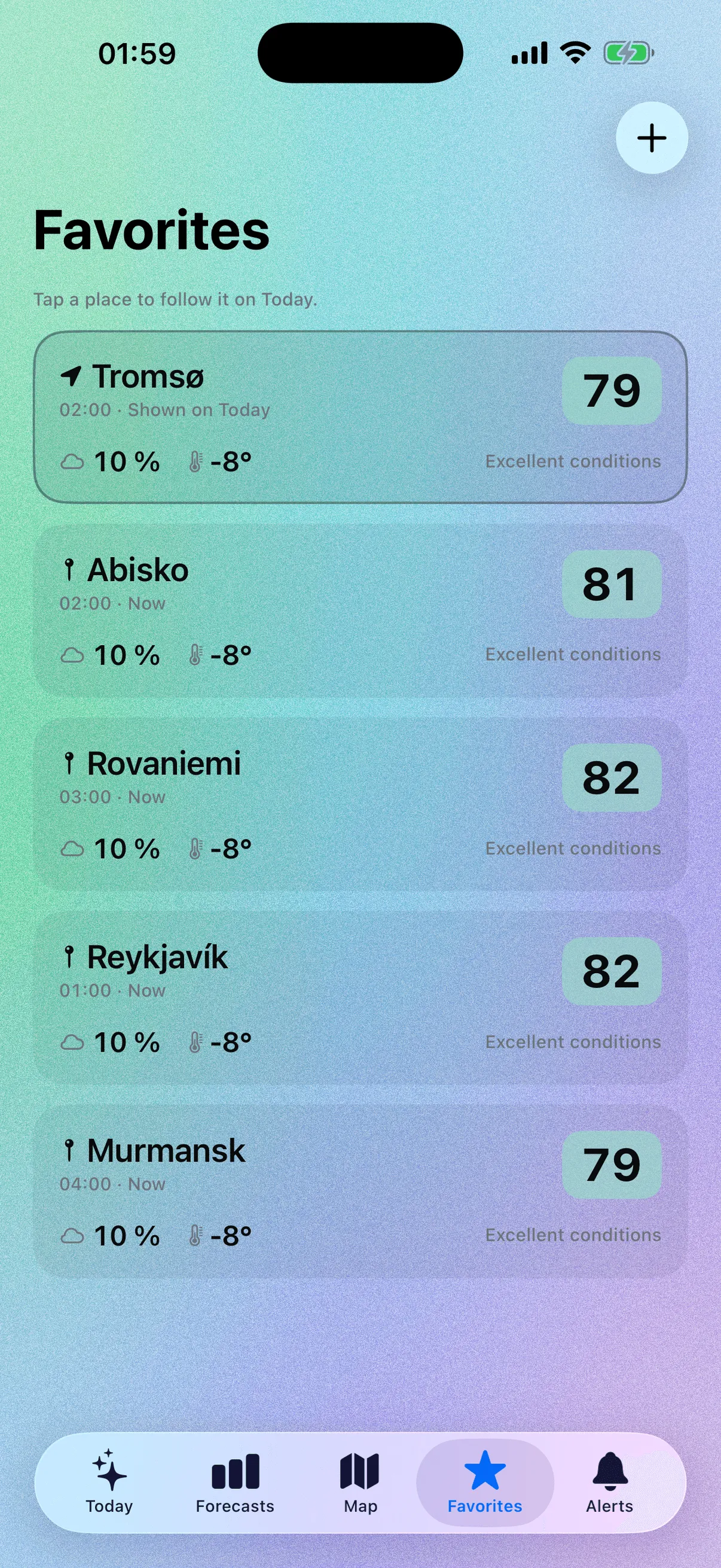 Norya Favourites screen: five destinations, Tromsø 79, Abisko 81, Rovaniemi 82, Reykjavík 82 and Murmansk 79, each with its local time, 10 % cloud and minus 8 degrees.