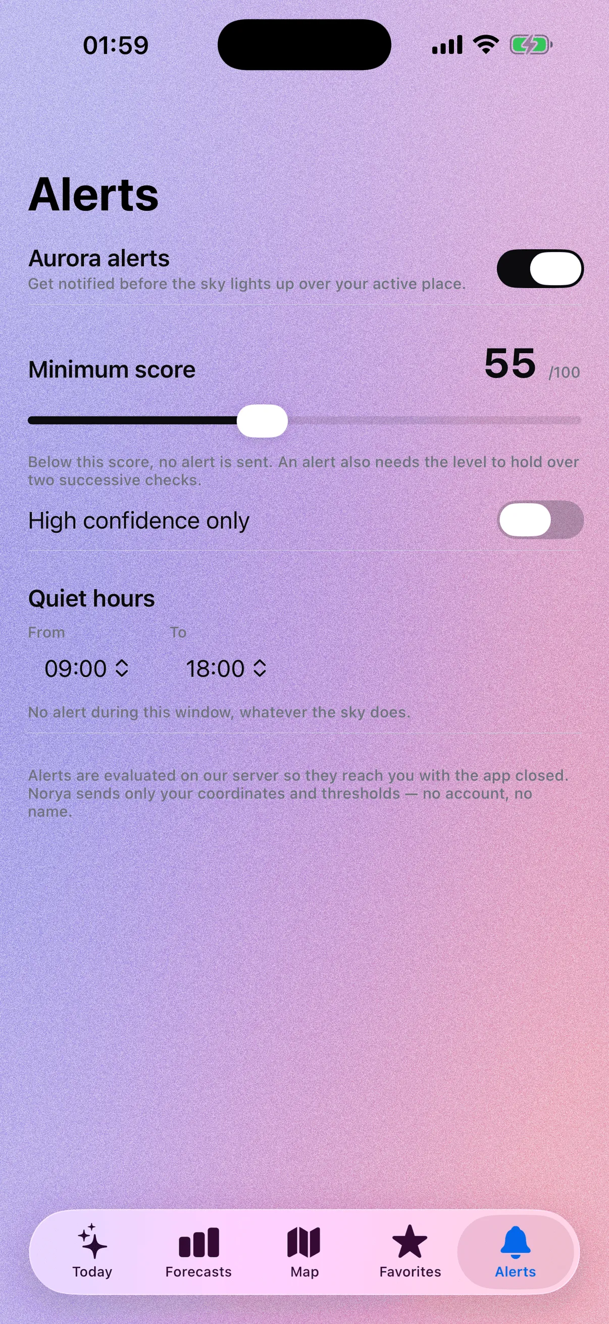Norya Alerts screen: aurora alerts switched on, a minimum score set to 55 out of 100, a High confidence only option and quiet hours from 09:00 to 18:00.
